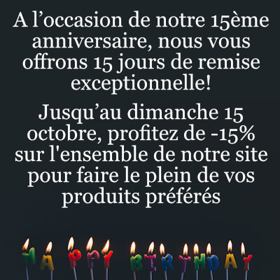15% de remise sur tout le site pour nos 15ans mobile